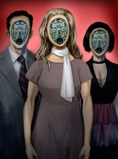 three people with masks on their faces are standing in front of a red background,