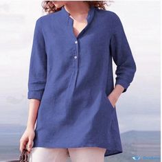 Orcajump - Solid Color Seven-quarter Sleeve Mandarin Collar Cotton Linen Casual Pullover Shirt Casual Half Sleeve Tops With Pockets, Casual Half Sleeve Fall Shirt, Casual Half Sleeve Shirt For Fall, Casual Long Sleeve Plain Blouse, Casual Plain Long Sleeve Blouse, Casual Solid Color Tops With 3/4 Sleeves, Casual Solid Color Shirt With 3/4 Sleeves, Casual Half Sleeve Blouse, Cotton Tops With 3/4 Sleeves And Pockets