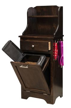 a wooden cabinet with an open drawer on the bottom and one door opened to reveal its contents