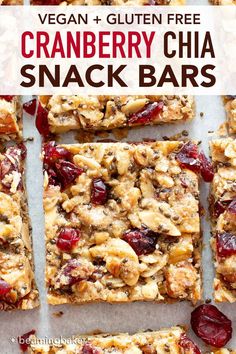 vegan and gluten free cranberry chia snack bars with text overlay