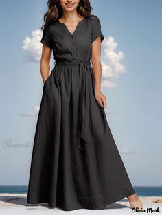 Olivia Mark - Comfortable pure color maxi dress with V-neckline and wide sleeves Comfortable Maxi Dresses, Evening Gowns With Sleeves, Formal Wear Women, Fitted Maxi Dress, Cotton Maxi Dress, Flowy Design, Long Sleeve Dress Formal, Elegant Maxi Dress, Crop Top Dress