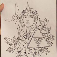 a drawing of a woman's face with flowers on her head and a triforce symbol