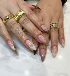 Frenchie Almond Nails, Neutral Baddie Nails, Nails 2023 Trends French Tip, Bling Almond Nails Rhinestones, Cool Almond Nails Designs, Angel Number Nails, Satin Mini Skirt Outfit, Almond Nails Nail Art, Signature Nails