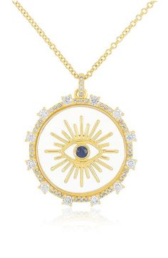 An elegant 14-karat-gold necklace suspends a clear sapphire pendant with a floating evil eye topped by a blue sapphire and framed in sparkling diamonds. 20" length; 2" extender; 7/8" diameter pendant Spring-ring closure Total blue-sapphire weight: 0.08ct. Total diamond weight: 0.46ct. Color: G–H Clarity: SI1–SI2 14k gold/sapphire/diamond Imported >Diamond Guide Yellow Gold Medallion Jewelry With Evil Eye, Yellow Gold Jewelry With Evil Eye Medallion, Yellow Gold Evil Eye Medallion Jewelry, Yellow Gold Round Jewelry With Diamond Eyes, Elegant Medallion Jewelry With Evil Eye, Elegant Evil Eye Medallion Jewelry, Elegant Round Evil Eye Jewelry, Elegant Evil Eye Jewelry, Evil Eye Top