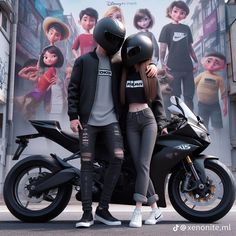 a man and woman standing next to a motorcycle in front of a large movie poster