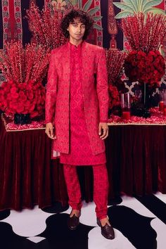 Red linen jacket with floral embroidery. Comes with floral printed pant and a kurta. - Aza Fashions Mayyur Girotra, Weddings 2024, Kurta Set Men, Kurta Set For Men, Men Kurta, Floral Print Pants, Linen Jacket, Embroidered Jacket, Kurta Set