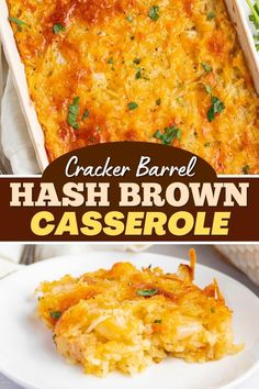 a casserole dish with hash browns in it and the title overlay reads cracker barrel hash brown casserole