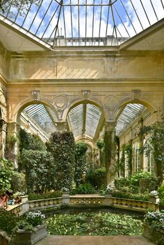 the inside of a large building with lots of plants and water lilies in it