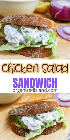 chicken salad sandwich with lettuce and onions on a cutting board