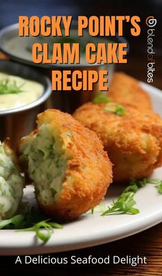 the cover of rocky point's clam cake recipe is shown on a plate