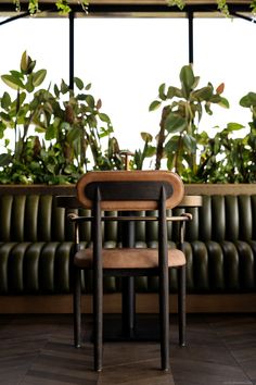 two chairs sitting next to each other in front of plants