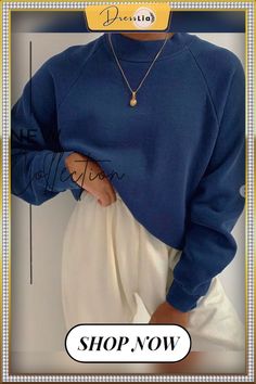 Ladies Casual Retro Plain Round Neck Loose Long Sleeve Sweatshirt Blue Long Sleeve Sweatshirt With Ribbed Neckline, Blue Sweatshirt With Ribbed Neckline For Fall, Blue Workwear Tops With Ribbed Cuffs, Casual Long Sleeve Top With Ribbed Crew Neck, Workwear Tops With Long Sleeves And Ribbed Cuffs, Blue Workwear Top With Ribbed Neckline, Everyday Raglan Sleeve Sweatshirt, Long Sleeve Tops With Ribbed Cuffs For Work, Blue Relaxed Fit Long Sleeve Top With Crew Neck