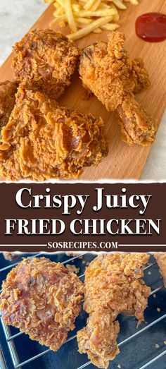 crispy juicy fried chicken on a grill with fries and ketchup in the background