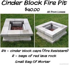 the cinder block fire pit is shown with instructions