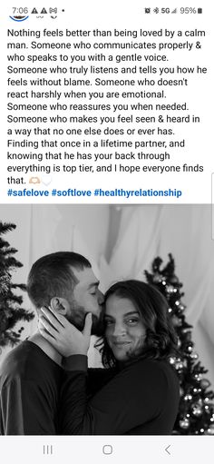 a man and woman hugging each other in front of a christmas tree with the caption'nothing feels better than being loved by a cat