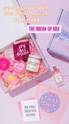 Break up gift box with items to promote self-care and healing, including candles, bath bombs, journal, affirmation cards, and chocolates. Break Up Care Package, Breakup Kit, Happy Divorce, Coco Chanel Party, Box Head, Divorce Gift, Chanel Party, Cosmetic Labels, Themed Gift Baskets