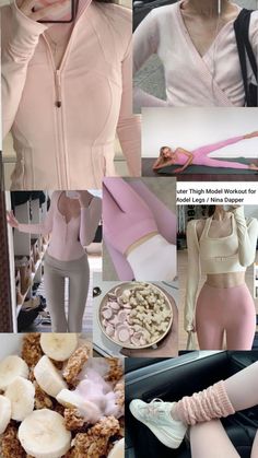 a collage of photos with different types of clothing and food on them, including bananas