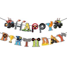 a birthday banner that says happy birthday and two toy cars with flames in the background