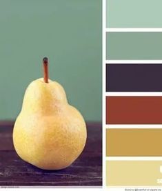 an image of a pear on a table with color swatches in the bottom half