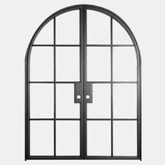 an arched glass door on a white background