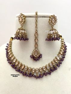 High quality Antique gold Polki necklace set comes with beautiful jhumki earrings and tikka/Kundan Polki Necklace/mauve purple  All items are shipped from Brampton, Ontario, Canada. If you need your item by a certain day, please reach out to us for express delivery option before placing the order so that we can update the shipping for you. Standard shipping/delivery timeline Below are the delivery timeline estimates. We dispatch all orders by the next business day. ---> USA delivery timeline * 3 Kundan Polki Necklace, Polki Necklace Set, Brampton Ontario, Jewelry Kundan, Necklace Set Indian, Polki Necklace, Jhumki Earrings, Mauve Purple, Bronze Necklace