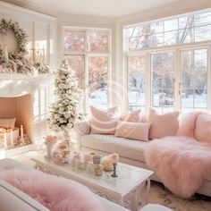 a living room filled with furniture and a fire place in front of a window covered in pink fur