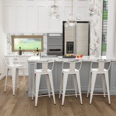 a kitchen with marble counter tops and white chairs