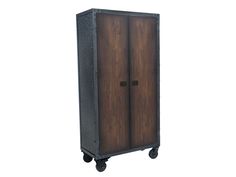 a tall wooden cabinet with wheels on the bottom and side doors, against a white background