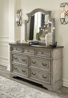 Lodenbay Antique Gray/Brown Dresser and Mirror - Ornate Home Brown Dresser, Three Drawer Nightstand, Grey Dresser, Dresser And Mirror, 7 Drawer Dresser, Queen Panel Beds, Style Cottage, Bedroom Panel, Elegant Bedroom