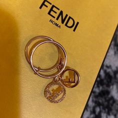 New With Box Size M Fendi Ring, Fendi Jewelry, Signature Rings, Bubble Ring, Charm Ring, Fendi Logo, Crystal Rose, Charm Rings, Gold Rhinestone