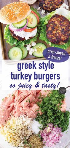 the menu for greek style turkey burgers is shown