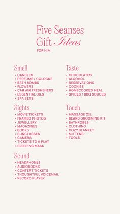 the five seas gift items list is shown in pink and white, with text on it