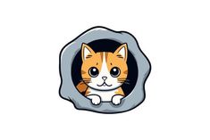 an orange and white cat peeking out of a hole