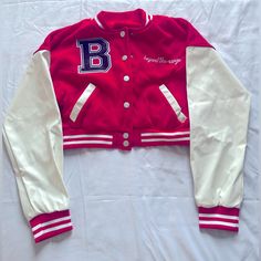 Women’s Fashion Cropped Varsity Jacket Nwt. Size Small Color Red And White. Retro White Varsity Jacket With Patchwork, Spring Retro Varsity Jacket, College White Patchwork Outerwear, Spring White Patchwork Varsity Jacket, White Patchwork Outerwear For College, Red Cotton Outerwear With Letter Print, Red Varsity Jacket With Letter Print For Fall, Red Letter Print Varsity Jacket For Fall, Trendy Red Varsity Jacket With Long Sleeves