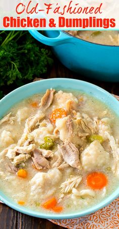 chicken and dumpling soup in a blue bowl