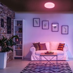 a living room filled with furniture next to a brick wall and potted plant on top of a table