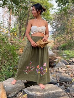 "This beautiful Skirts with  made from lightweight cotton fabric. which perfectly fit to your festival, beach, summer vacation or just new addition to your wardrobe that will inspire you for your new street look! This Skirts is comfortable and relaxation for any occasion. Product SIZE : This skirts will fit sizes Small only approximately Size XS - S (Only ) 🌸 Waist : 24'' stretched to 36'' ( inches ) 🌸 Hips : 48'' ( inches ) 🌸 Length : 35\" from waist to hem  🌸 Color : navy green ( hand dyed Cotton Skirt Outfit, Festival Maxi Skirt, Hippie Rock, Long Cotton Skirt, Hippie Skirt, Embroidery Skirt, Long Skirt Outfits, Hippie Skirts, Maxi Skirt Boho