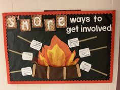 a bulletin board with some writing on it and a campfire in the middle that says, smore ways to get involved