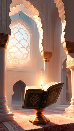 an open book sitting on top of a table in front of a light shining through the window