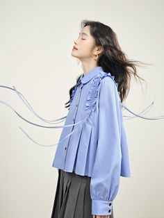 Ruffle Trim Blouse – KUOSE.com Light Blue Blouse, Fancy Shirt, Frilly Blouse, Embellished Shirt, Modest Wear, Winter Trends, Modest Fashion Outfits, Blue Shirt, Ruffle Trim