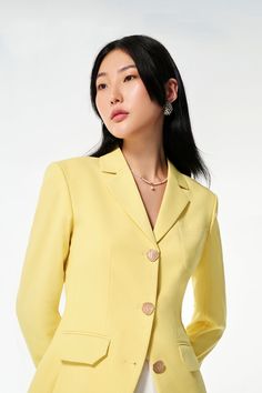 This blazer is perfect for a clean, timeless look. Crafted from a luxurious cotton blend, this classic blazer is comfortable, light, and breathable. The simple, yet timeless design provides a polished look for any occasion. Spring Tailored Solid Blazer Dress, Tailored Solid Blazer Dress For Spring, Solid Tailored Blazer Dress For Spring, Spring Blazer Dress With Notch Lapel, Classic Spring Office Wear Blazer Dress, Classic Button-up Blazer Dress For Business Casual, Classic Business Casual Button-up Blazer Dress, Classic Blazer Dress For Office In Spring, Elegant Spring Button-up Suits