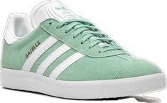 Green Sneakers With Three Stripes And Round Toe, Low-top Green Sneakers With Three Stripes Branding, Green High-top Sneakers With Three Stripes, Green High-top Sneakers With Three Stripes Branding, Green Adidas Sneakers With Laces, Green Adidas Sneakers With Three Stripes, Adidas Green Sneakers For Spring, Adidas Gazelle, Low Top