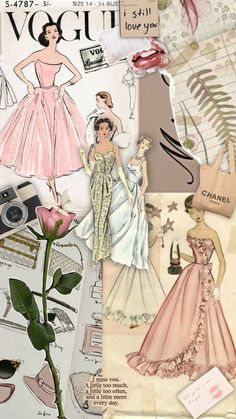 a collage of vintage fashions including dresses, shoes and a rose is shown