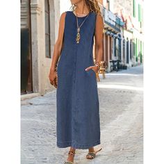 Season:Summer,Spring; Fabric:Denim; Sleeve Length:Sleeveless; Look After Me:Machine wash; Gender:Women's; Style:Modern,Casual; Elasticity:Micro-elastic; Occasion:Vacation; Fit Type:Regular Fit; Dresses Type:Denim Dress,Shift Dress; Pattern:Pure Color; Design:Patchwork; Neckline:Crew Neck; Front page:FF; Listing Date:05/09/2023; Production mode:External procurement; 2024 Trends:2023; Bust:; Length:; Shoulder Width:; Waist:; Fit US Size:; Fit UK Size:; Fit EU Size:; Dress Length Type:Maxi long Dre Long Denim Dress, Midi Tank Dress, Maxi Long Dress, Womens Denim Dress, Nature Dress, Summer Sundress, Stil Elegant, فستان سهرة, Summer Style Casual