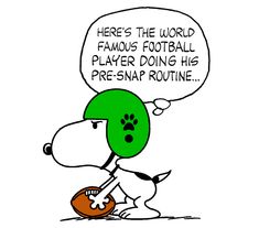 a cartoon dog with a football helmet on and a speech bubble that says, here's the world famous football player doing his pre - snap routine