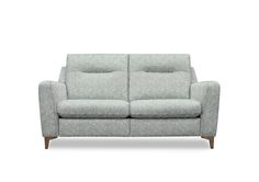 a light gray couch with wooden legs and armrests on an isolated white background