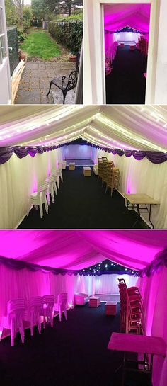 the inside and outside of a marquee with pink lighting