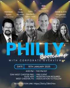 the phily boot camp flyer is shown with an image of five men and one woman