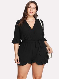 Shirt Romper, Wrap Romper, Casual Rompers, Jumpsuits And Romper, Sleeve Pattern, Curvy Outfits, Black Romper