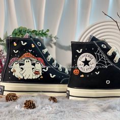 🌿 Love Embroidered Converse 🌿 ❤️ About Our Products: Each pair of shoes from our store is brand new and hand-embroidered to order. Please ensure you select the correct shoe size before checkout. The embroidery is durable and won't fade over time. ✨ Personal Expression: Showcase your unique style with custom embroidery! Contact me to create your own embroidered shoes with a private listing. I'll send you the design for approval before embroidering the shoes. Alternatively, you can design your p Halloween Sneaker Art, Halloween Converse, Converse Embroidery, Cute Converse Shoes, Embroidered Sneakers, Embroidered Converse, Cute Converse, Halloween Shoes, Embroidered Shoes